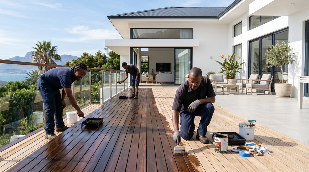 Professional wood staining team applying deck stain on a home in Boksburg